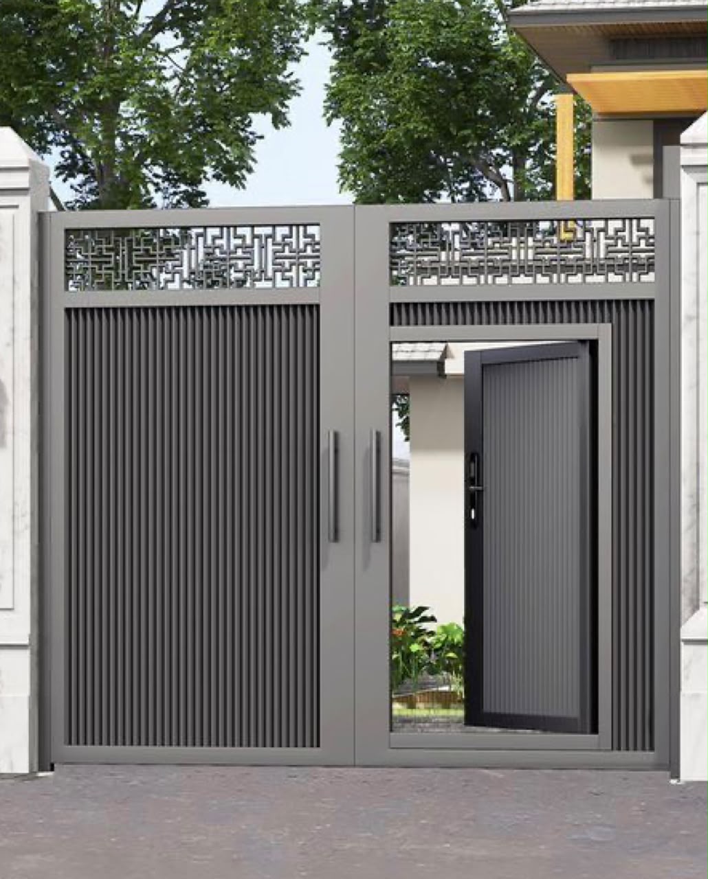 Modern fluted panel gate with pedestrian door